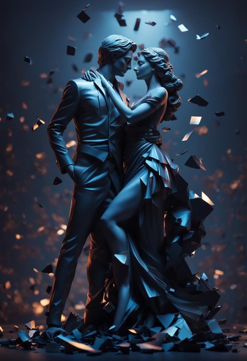 Statue of dancing couple partly shattered in pieces.