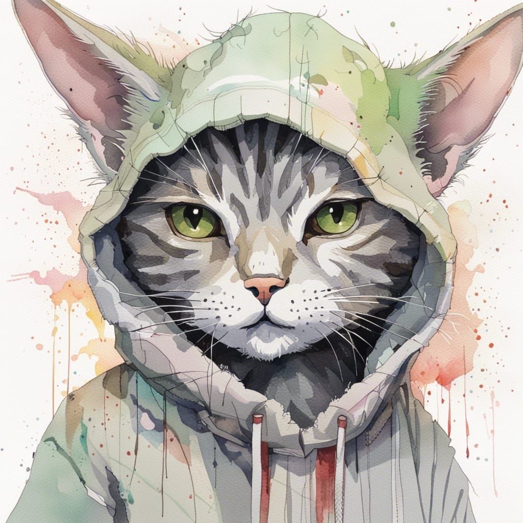 A grey tabby cat in a baby yoda onesie watercolor | centered...