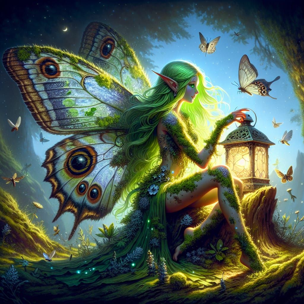 Fairy with long lime green hair and bright green eyes with her body covered in mossy lichen and the wings ...  by @louwhodoodle 