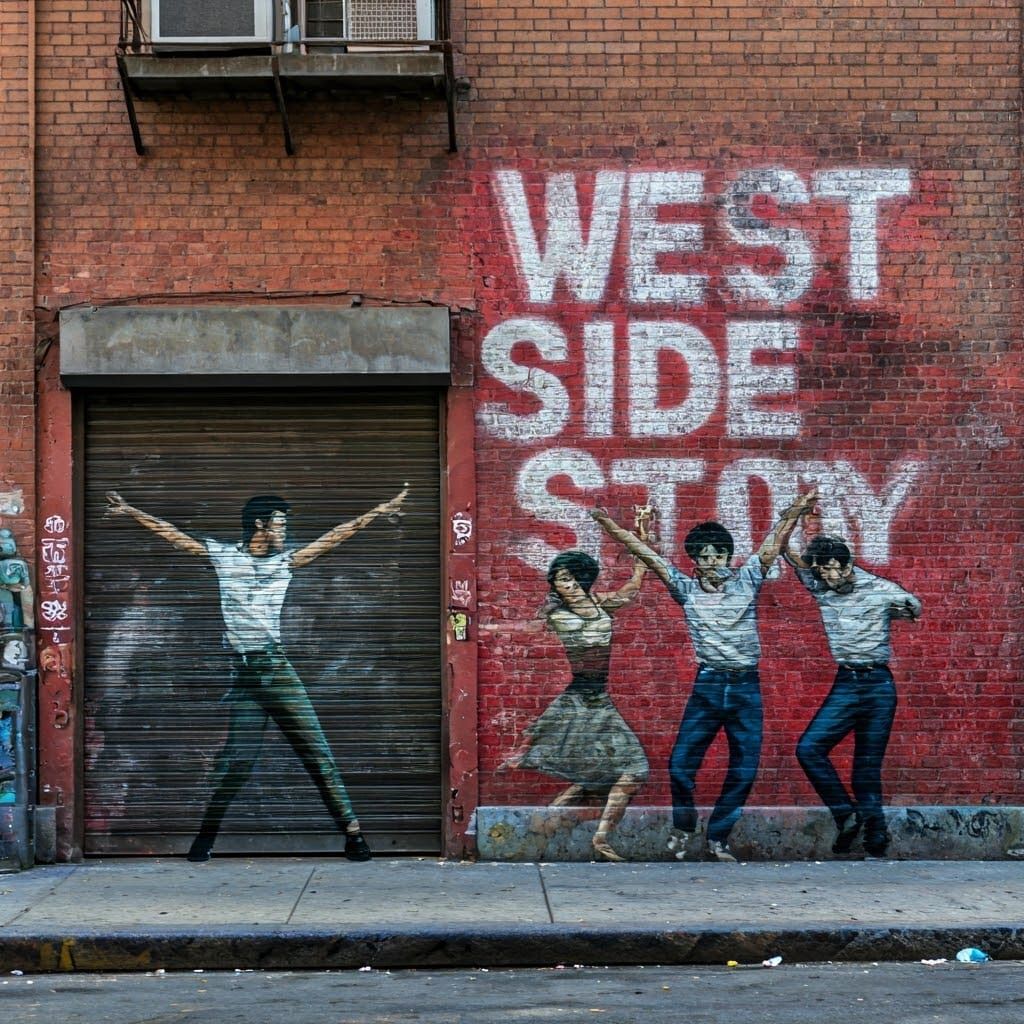 In graffiti the words WEST SIDE STORY SPRAY PAINTED ON THE CITY WALL ,, YOUNG PEOPLE DANCING IN THE STREET. ...  by @eileenMcC