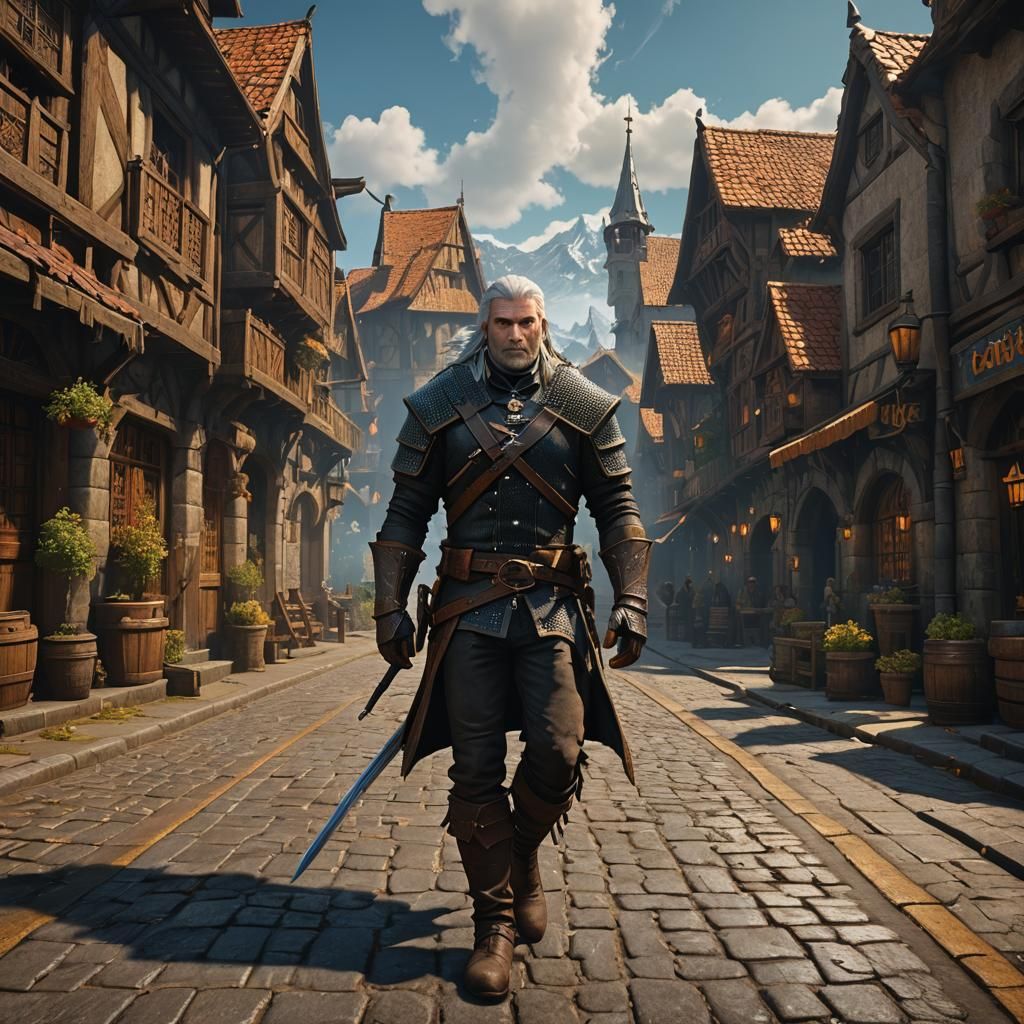 geralt of witcher 3 walking the streets of toussaint.