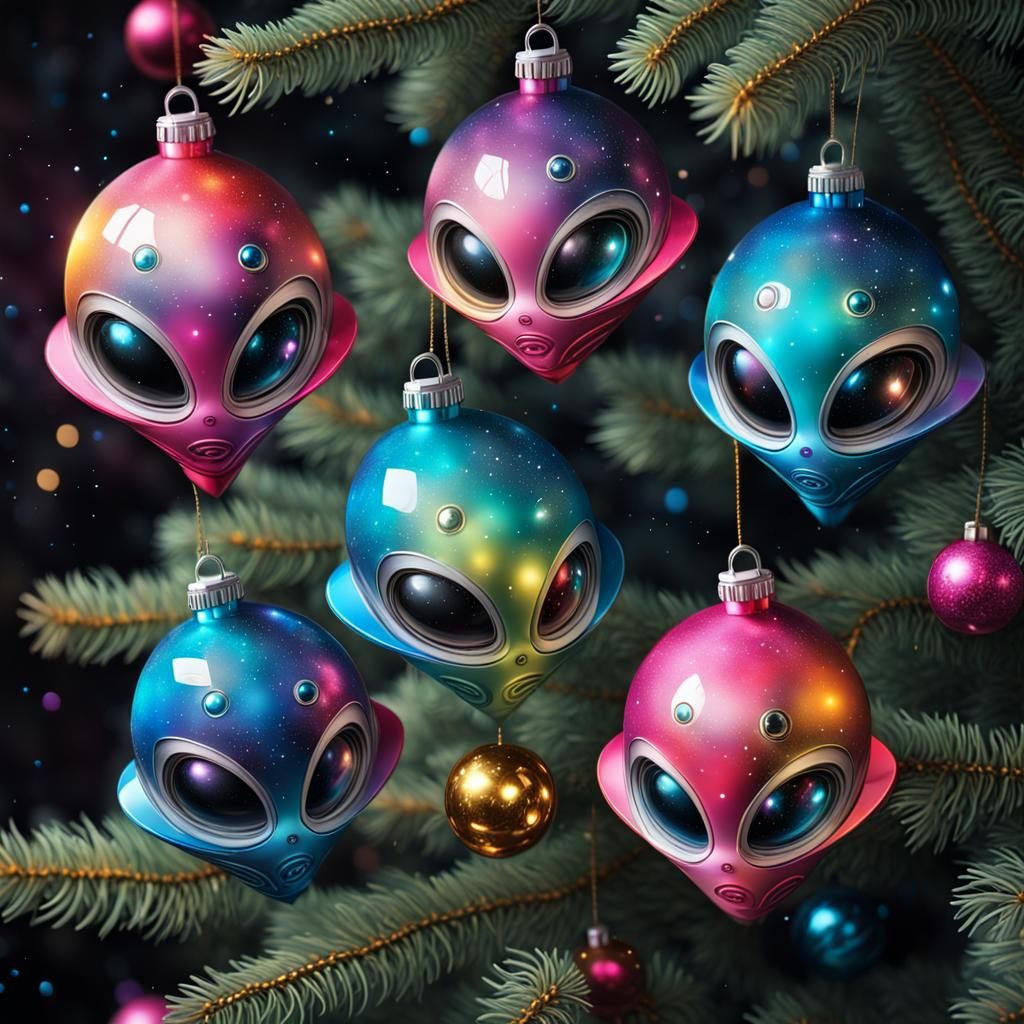 FUTURISTIC ALIEN CHRISTMAS TREE ORNAMENTS LOOK LIKE GALAXYS AND SPACE