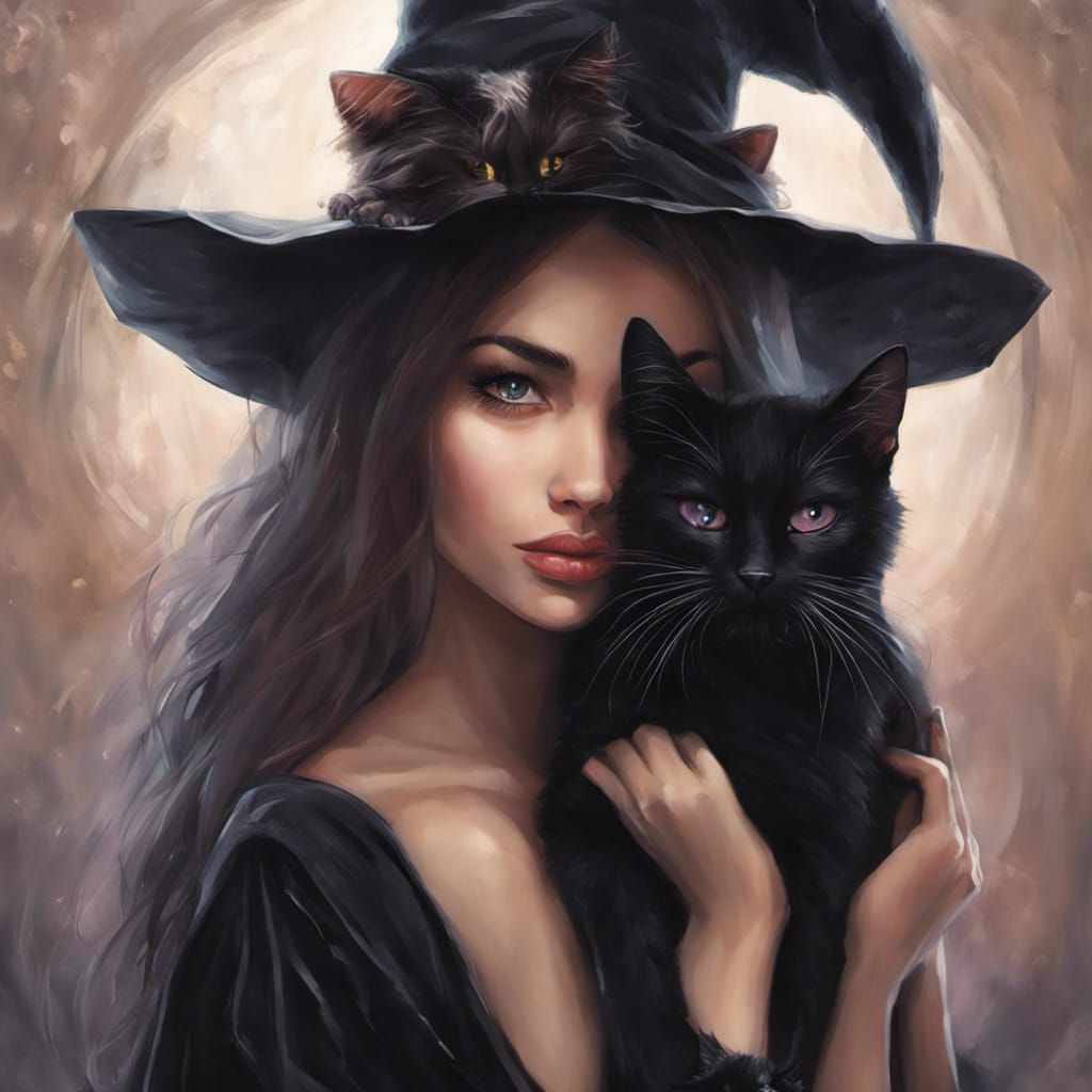 Beautiful witch with her beautiful black cat dark fantasy realistic ...