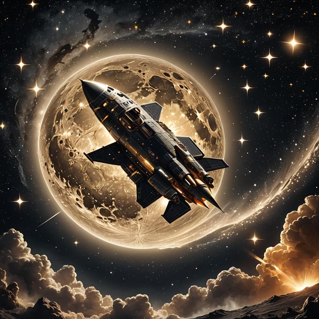 Detailed Moon and Spaceship in Space Art