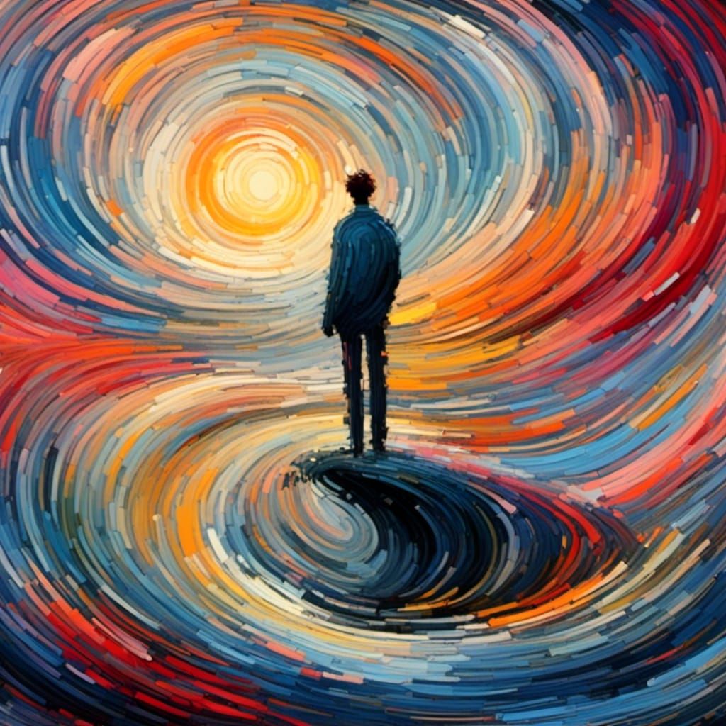 <lora:Swaaaaash:1.0> Depressed guy  Flowing swirling sunrise  , minimalist