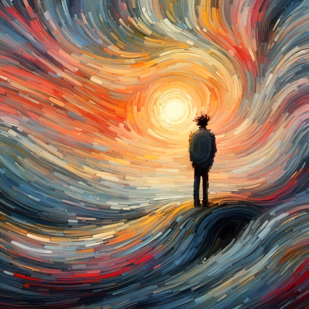 <lora:Swaaaaash:1.0> Depressed guy  Flowing swirling sunrise  , minimalist