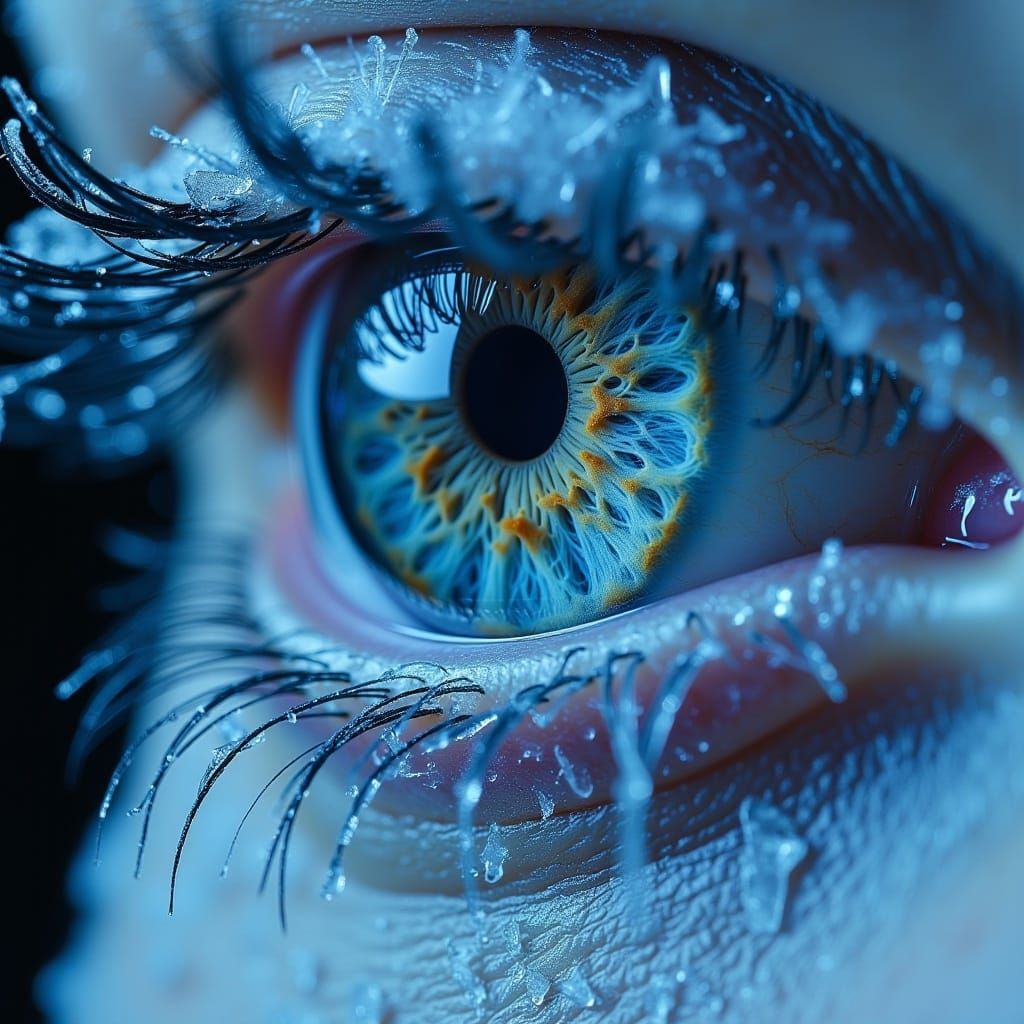 <lora:MJ6 EyeFlux:1.0>Frosty Eyelashes: Delicate ice formations adorning the long, frost-covered eyelashes of a colossal icy eye, shimmering...