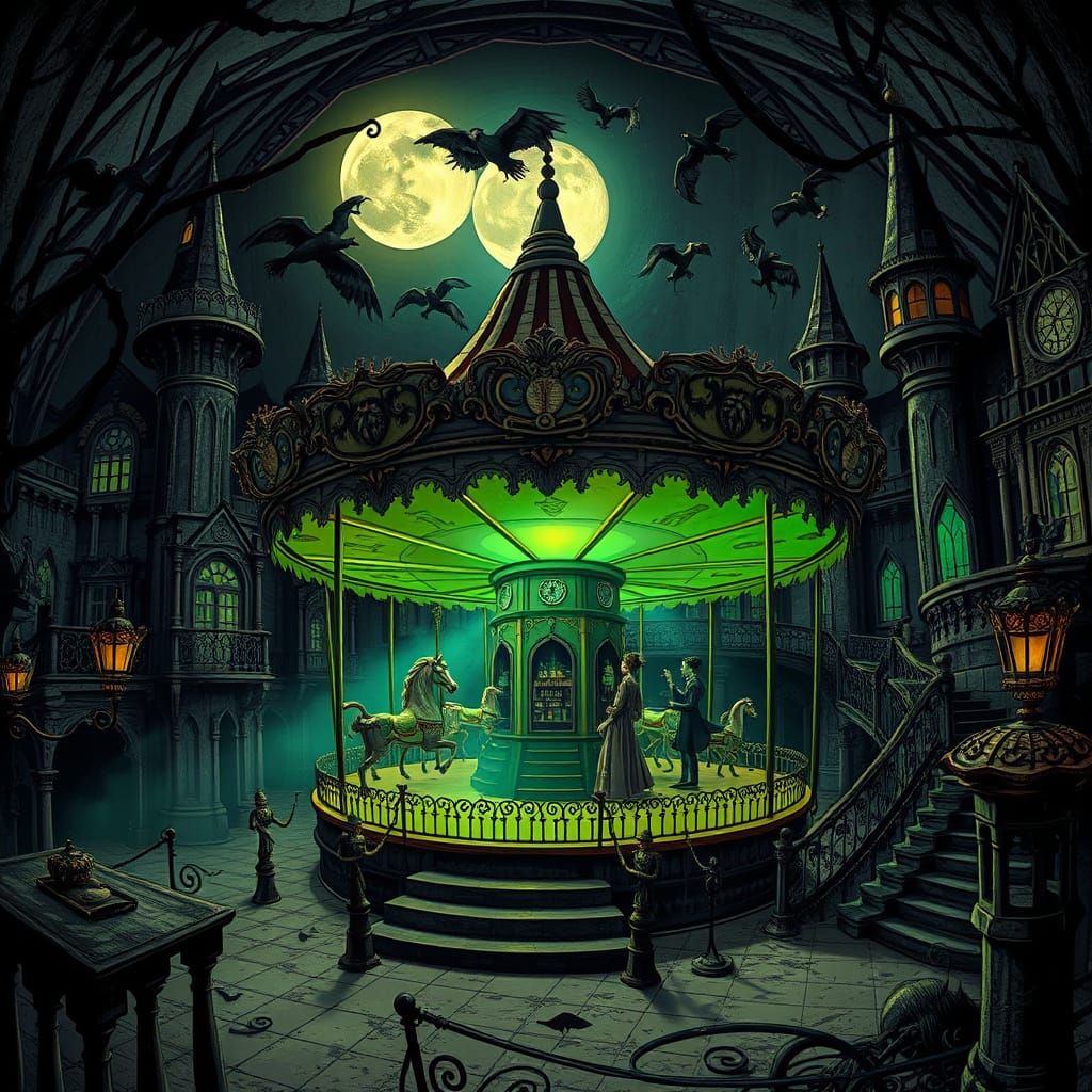 Abandoned carnival supervillain lair. A twisted, gothic amusement park at night, with a central carousel ...  by @LilacVenom