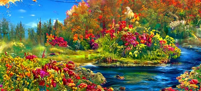 A beautiful painting of a river full of clear cystal deep bl...