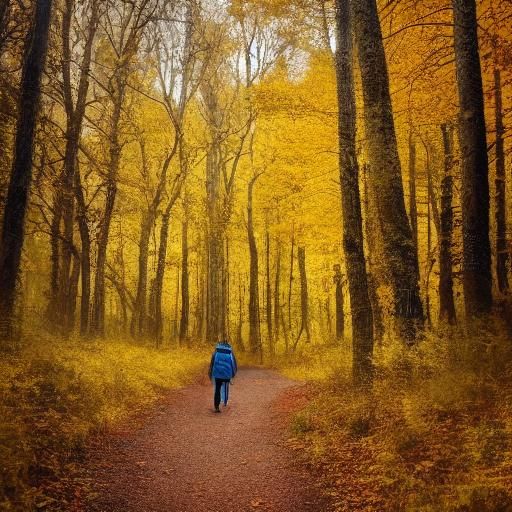 YELLOW Riding Hood is walking through a yellow autumn woods ...