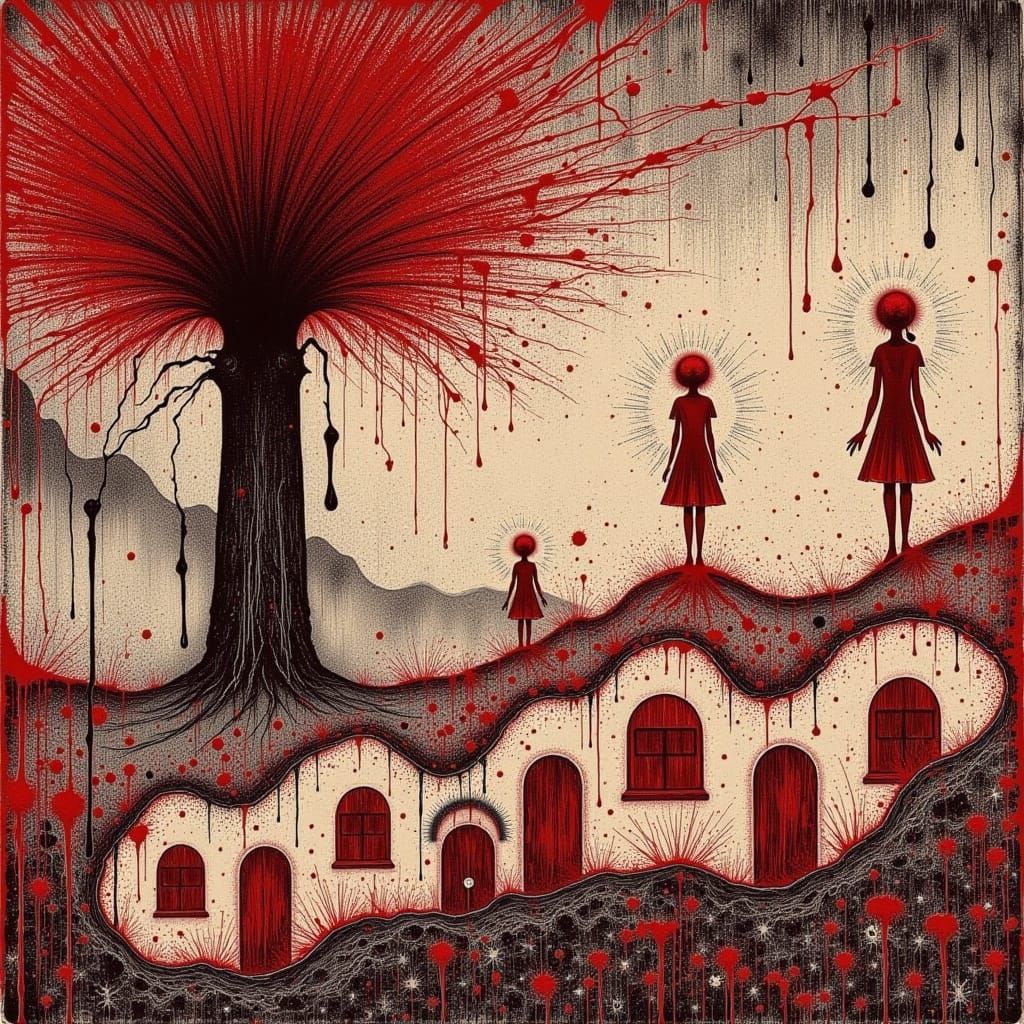 <lora:TriXy Artz:1.0> Oil painting in red black and white  haunting, exploration of identity