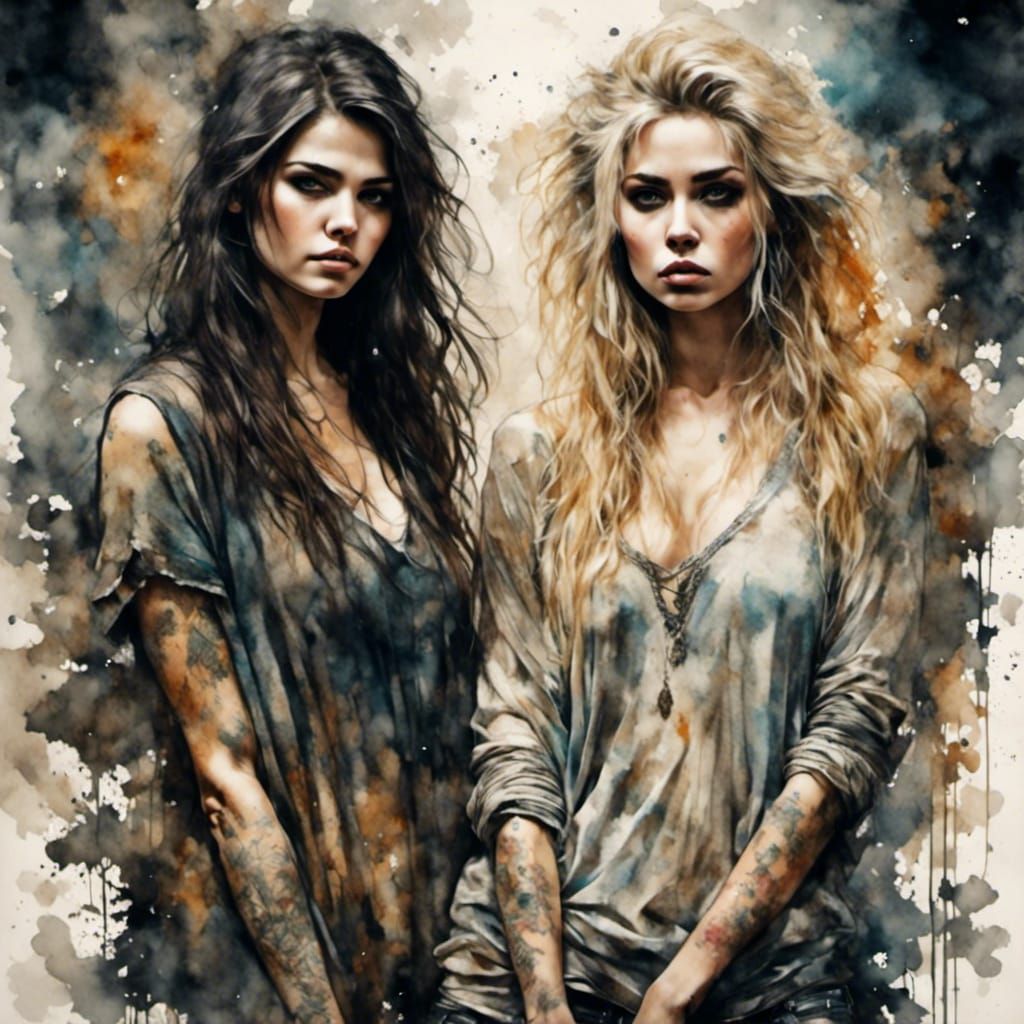 Stunning blonde woman and a stunning brunette woman standing <lora:Antique Watercolor:1.0><lora:Ektachrome dreaming:1.0>