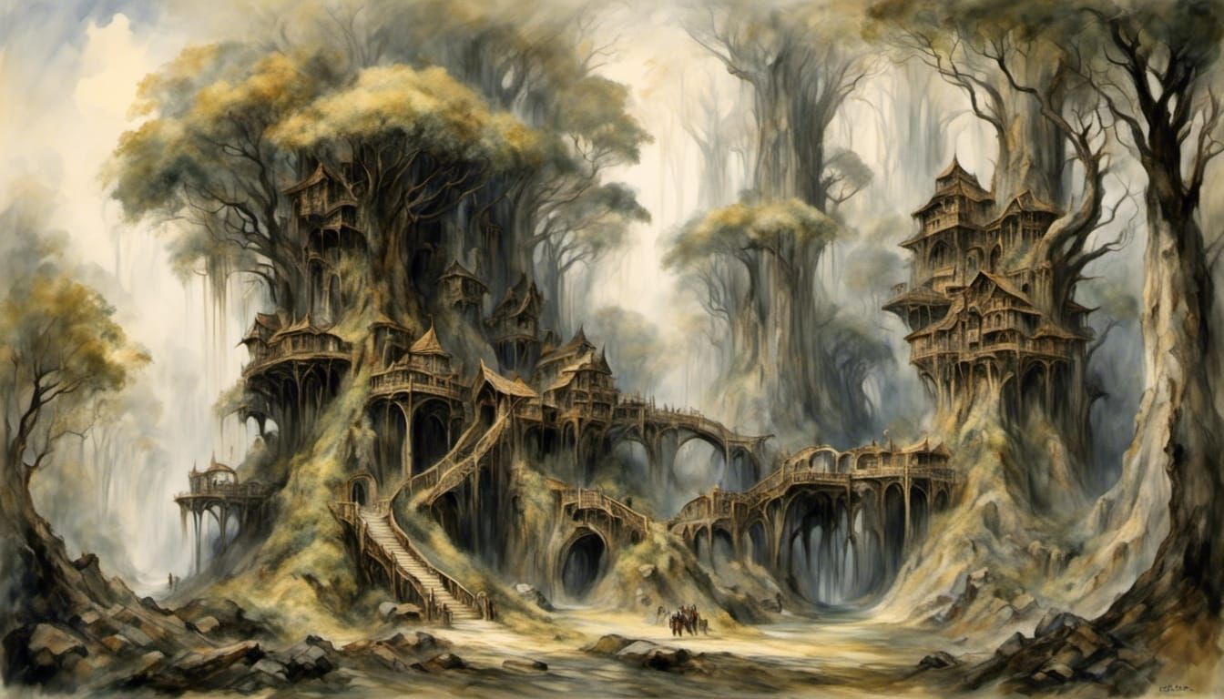 An wood elven city built into the trees <lora:Aeon Fantasy:1.0> 