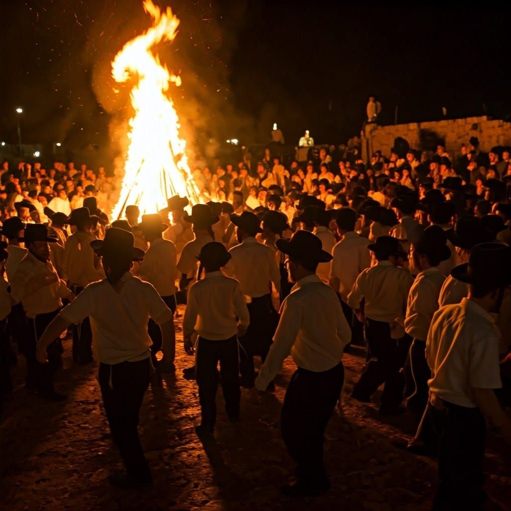 Orthodox Jewish Men Gather Around a Blazing Bonfire in Meron
