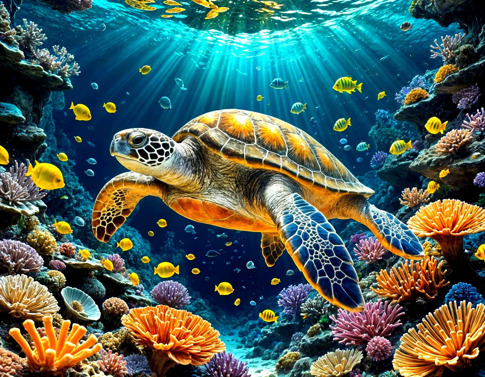 "Life Beneath the Waves" imagine a bioluminescent coral reef teeming with life, where schools of neon fish dart among glowing ...  by @Lennis