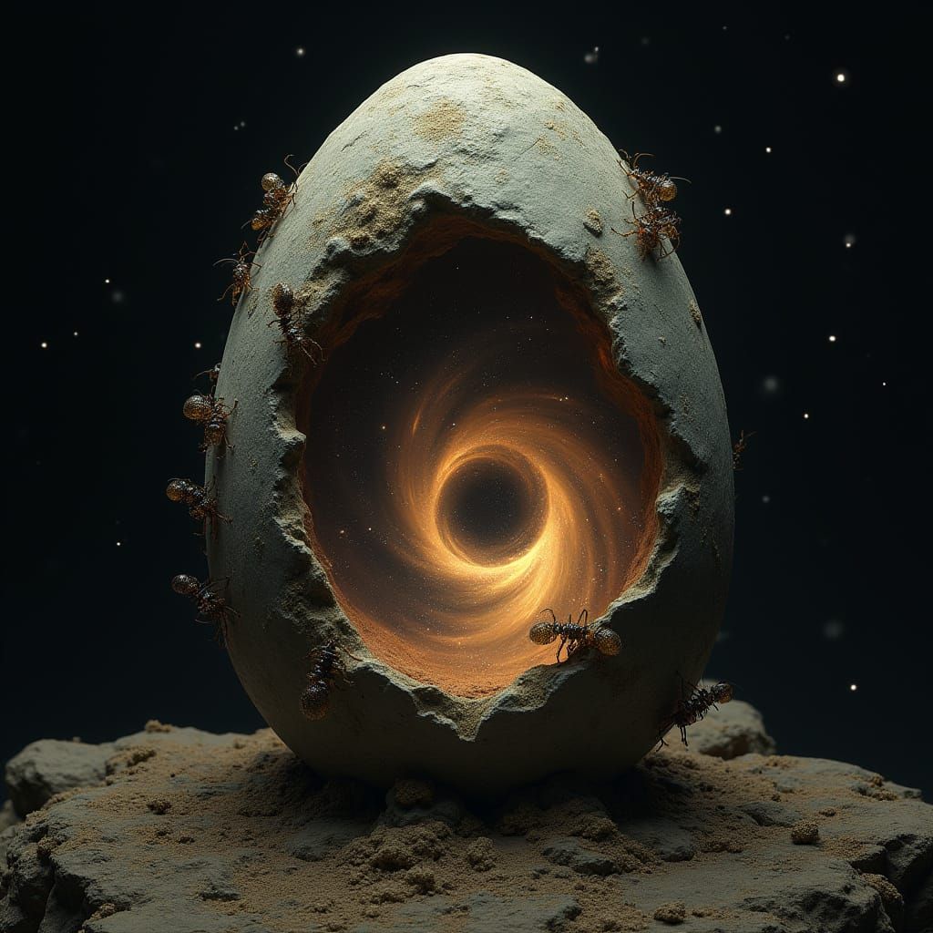 An ancient, moss-covered stone egg, cracked open to reveal a swirling vortex of cosmic dust and nebulae within. Tiny, shimmering ants crawl ...