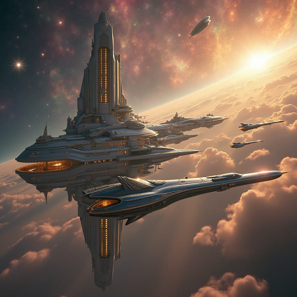 Luxurious Art Deco Space Station Amidst Iridescent Nebula