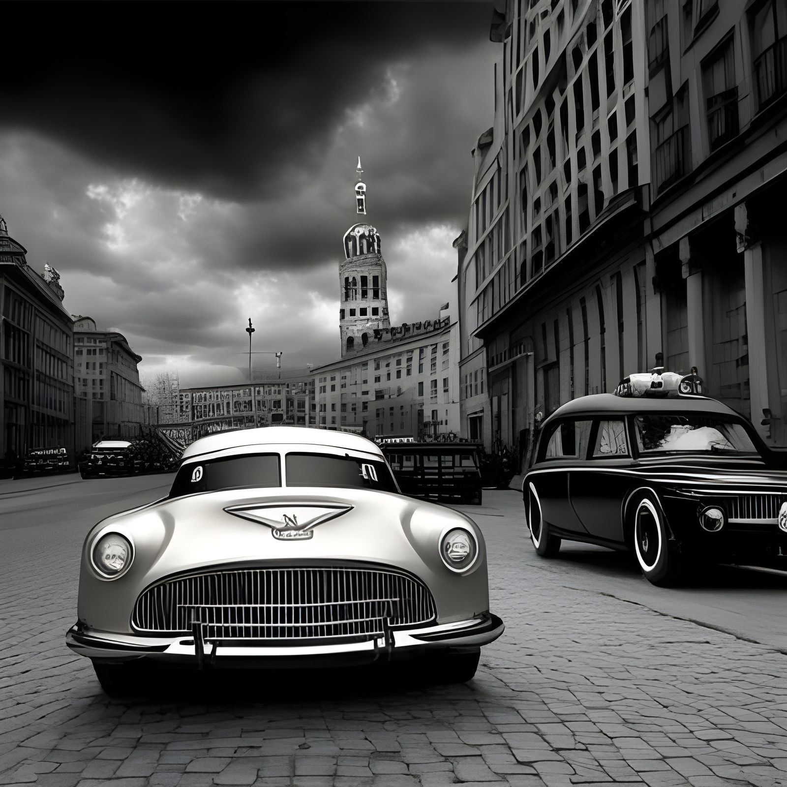 Vintage / Retro Car with the driver in the street of city of 1950s  by @jane77755