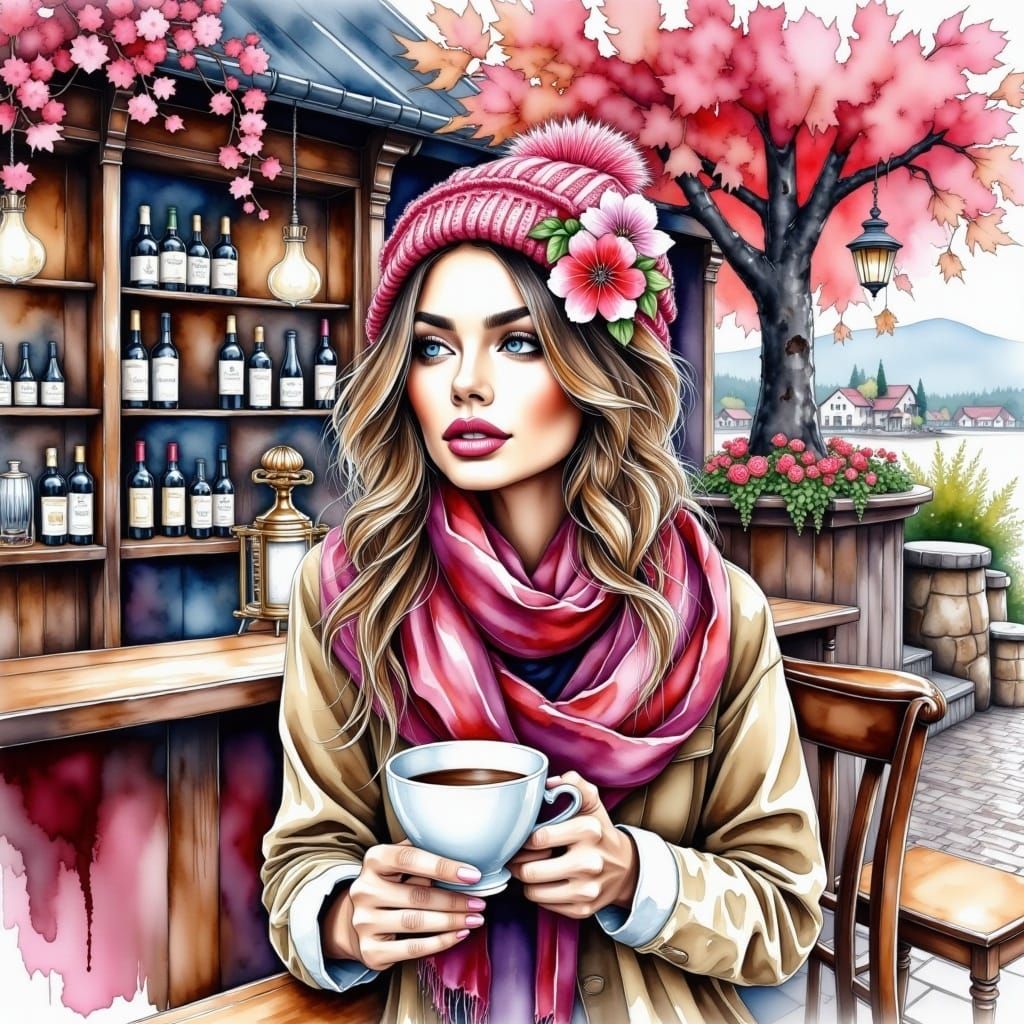 <lora:WatercolorArtFx:1.0> ""A stunning woman, brown hair with a thick wool shirt, a hot wool cap, chiffon flowering scarf on her neck, in a...
