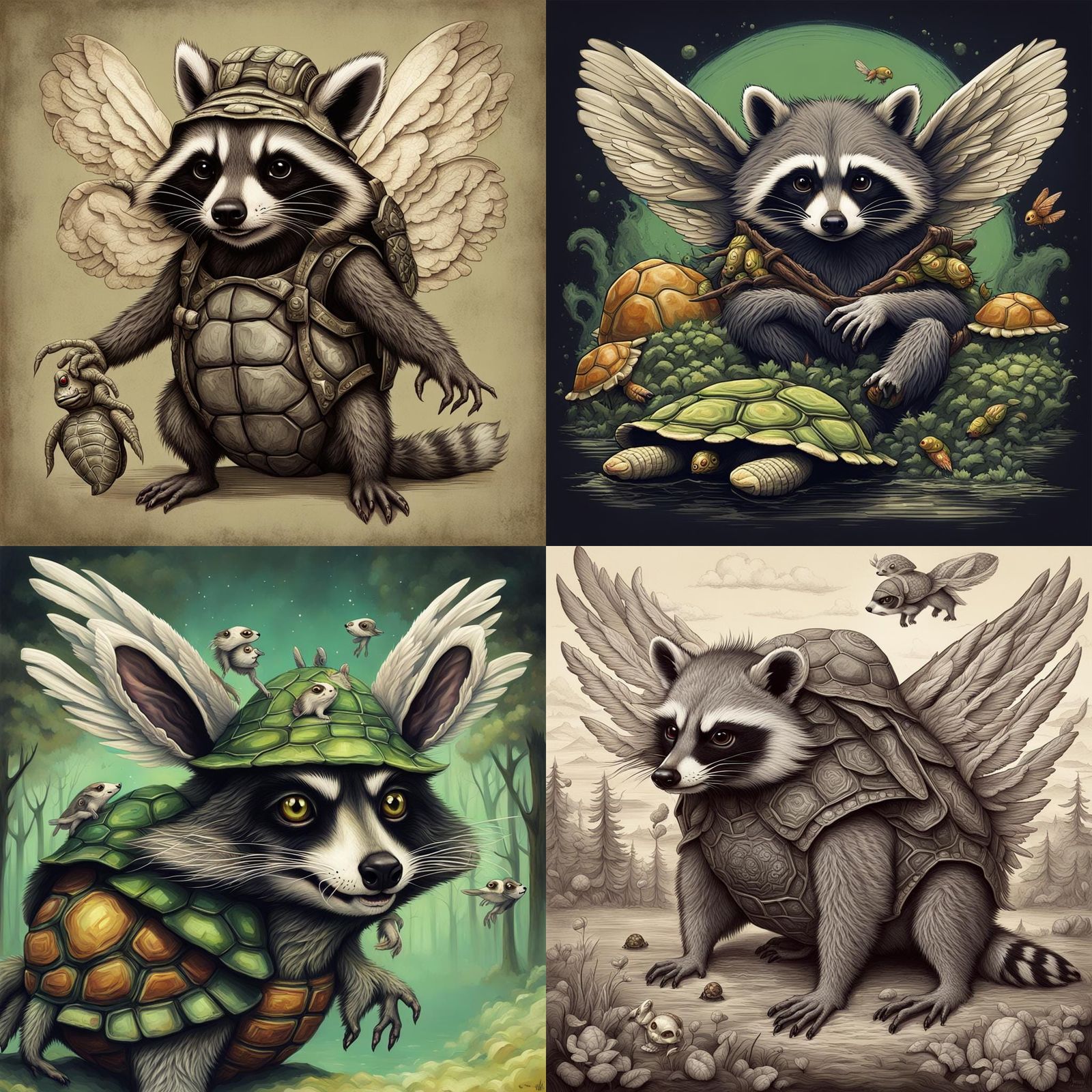 IMAGE OF A RACOON MIXED WITH TURTLE AND RABBIT WITH WINGS su...