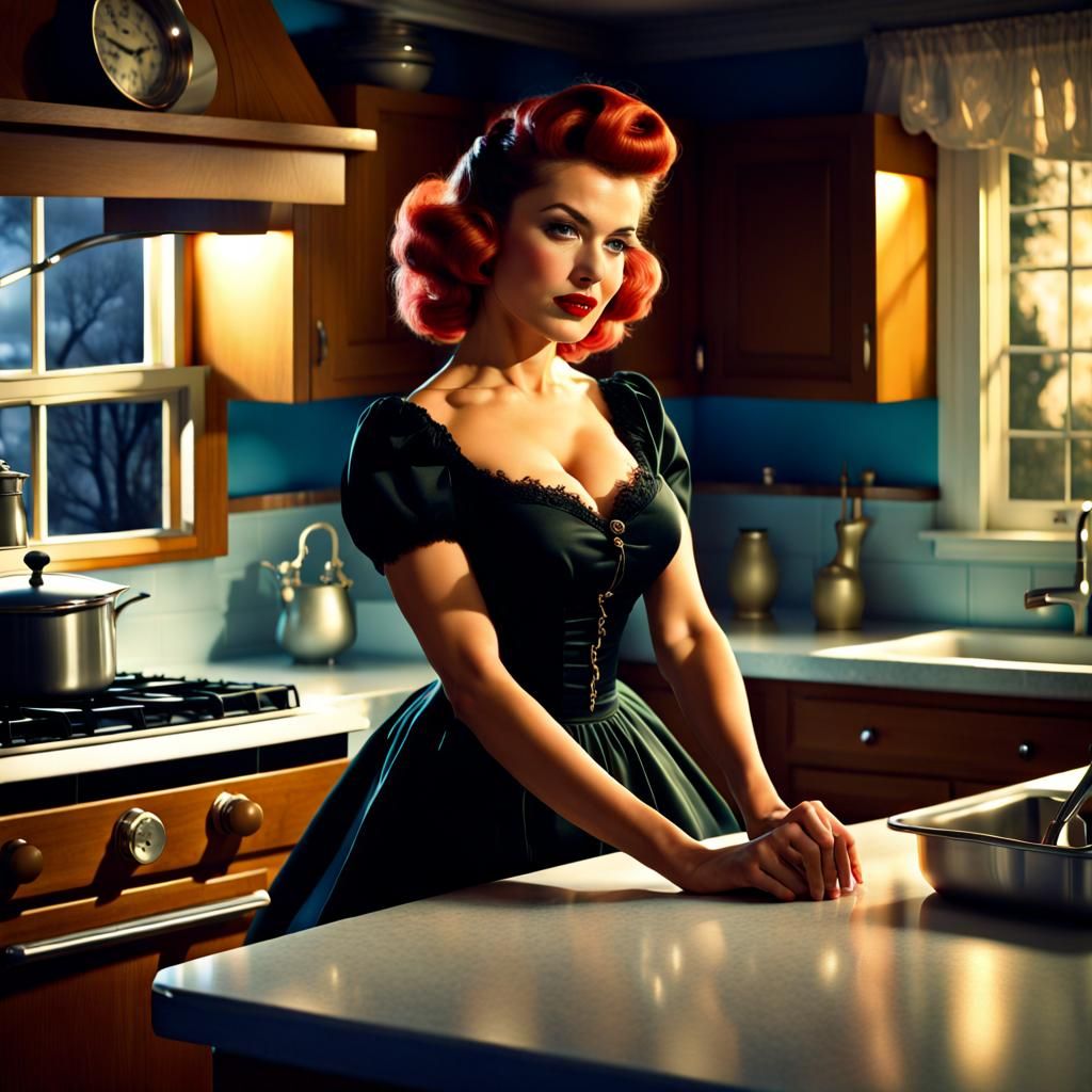Gothic Pin-Up in Vintage Kitchen, Kinkade Style