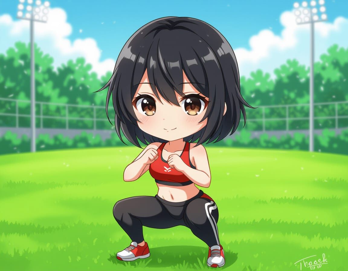 Anime Chibi Woman Doing Squats on Field