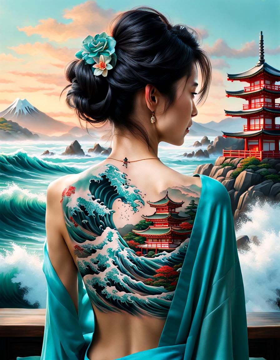 The Great Wave (back tattoo)  by @darkwizardoz