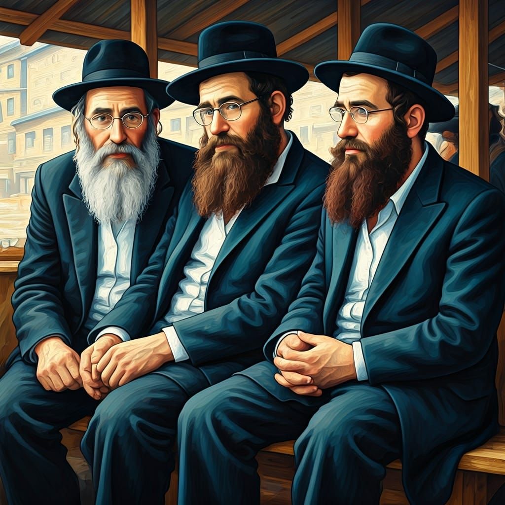 Orthodox Jewish Men in Shelter, Folk Art Style