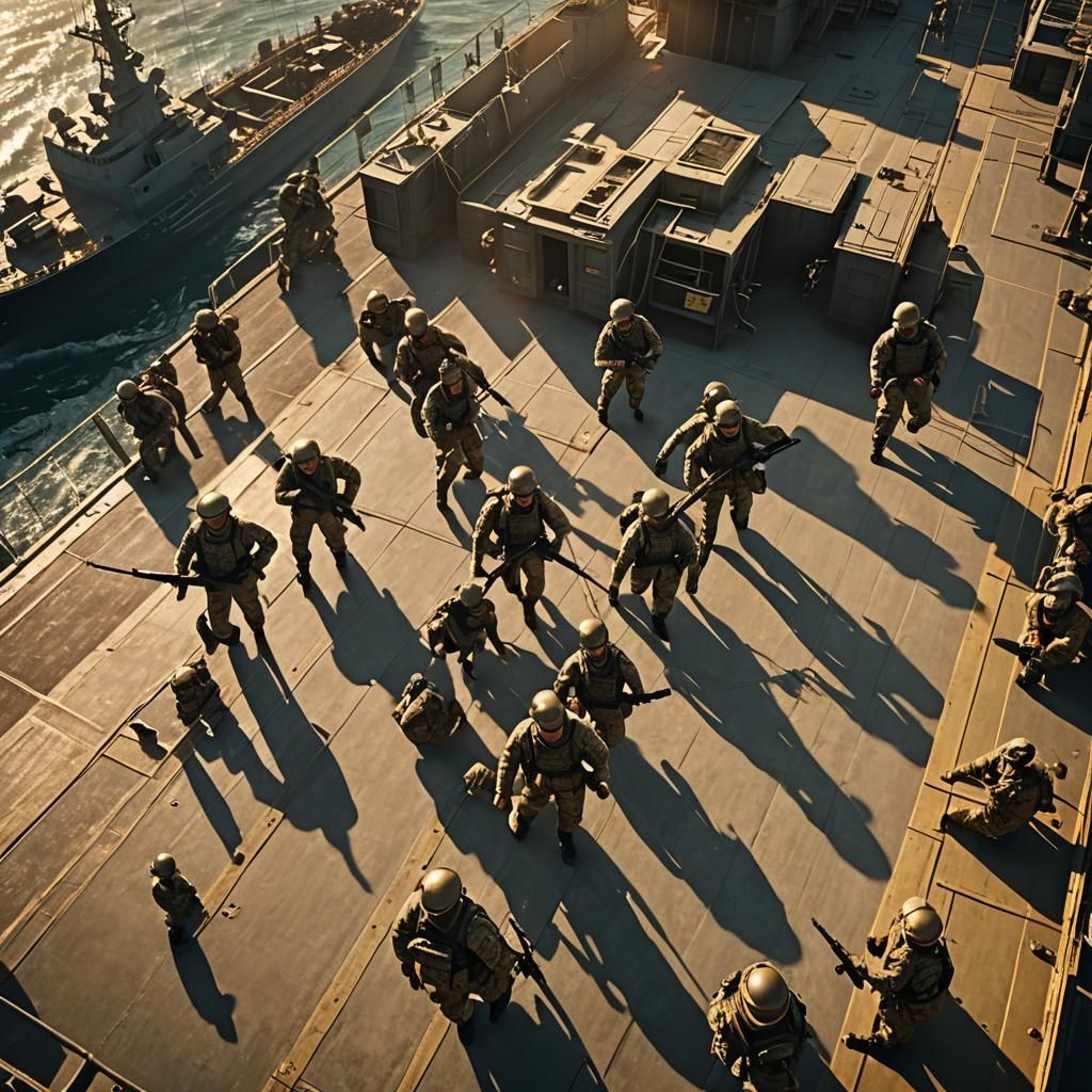 Soldiers Parachuting onto Ship in Hyper-Realistic Style