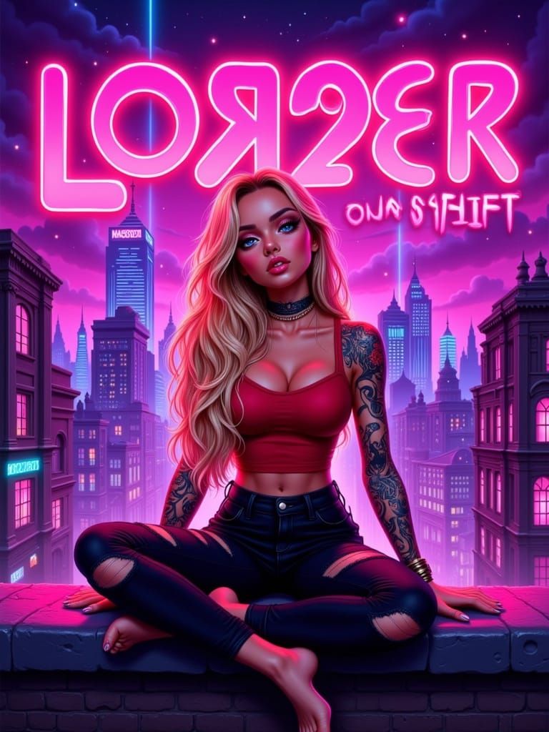 Bratz-Styled Woman on City Ledge, Neon Night