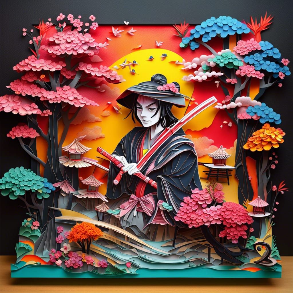 origami, paper cut, 3D, masterpiece samurai and geisha on a bank in flowered garden, 3D diorama, paper ...  by @Wierd Jimbo