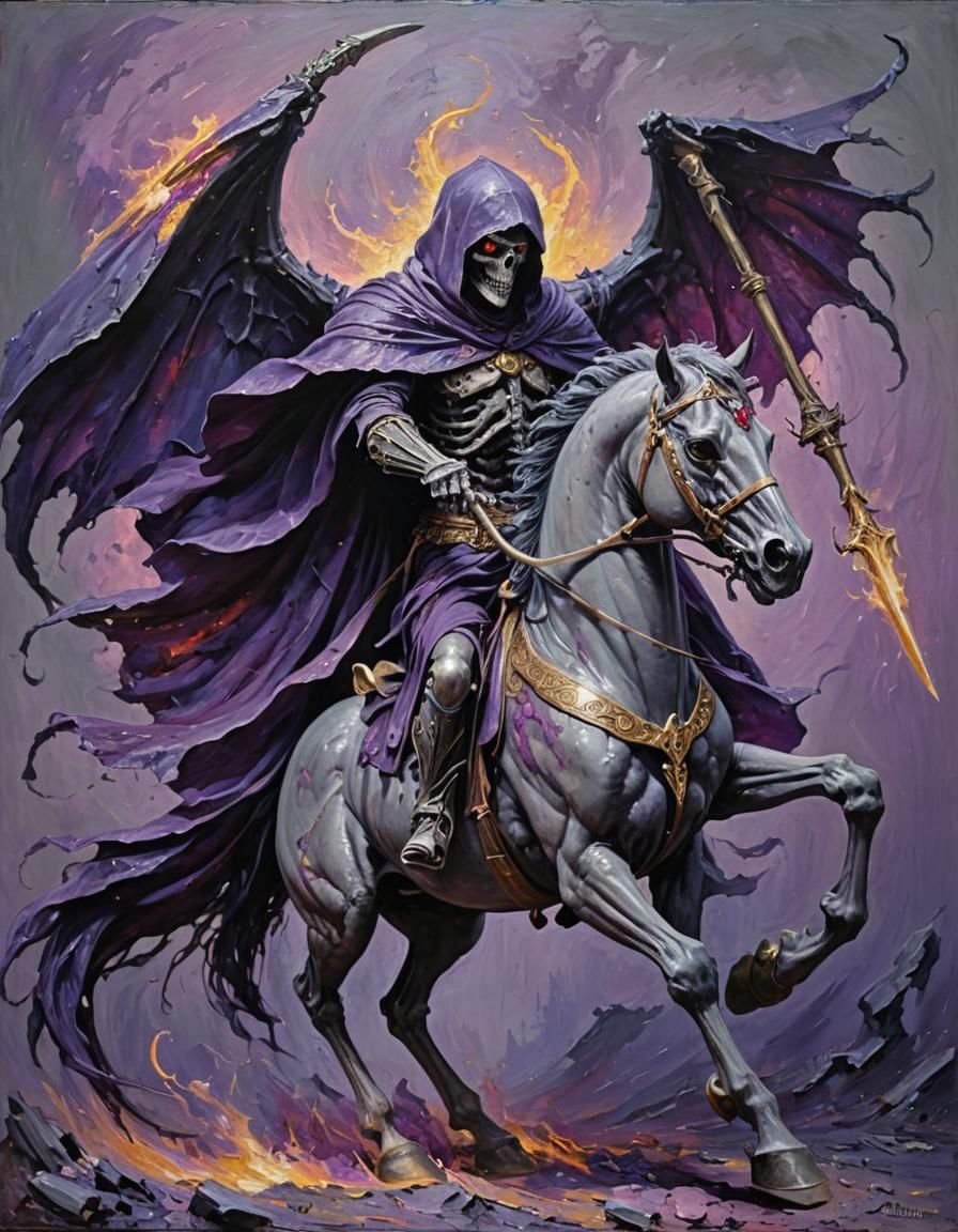 Death God Rides Skeletal Horse in Neo-Impressionist Style