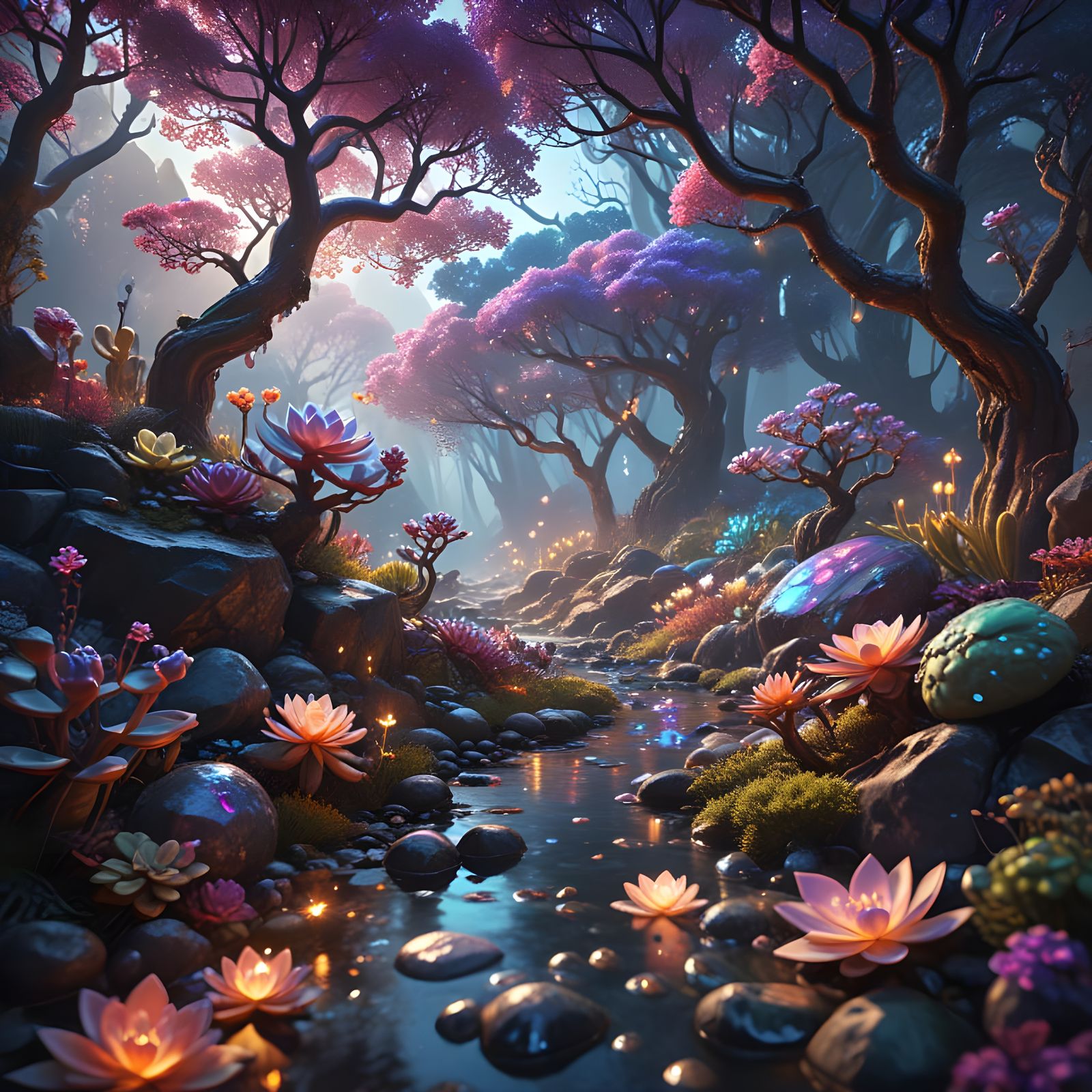 Rainbow Echeveria Blooms in a Luminous Forrest Path
