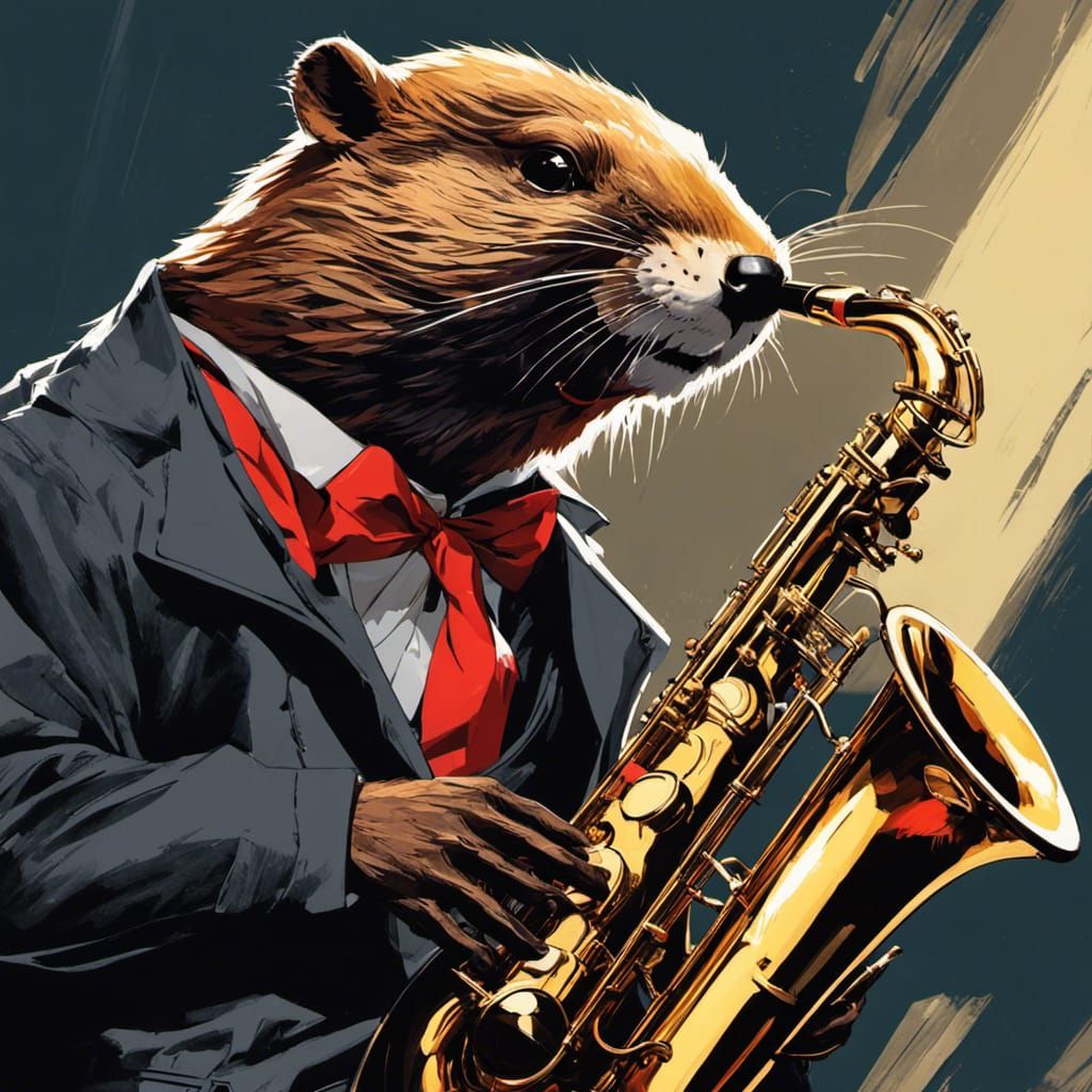 Angry beaver playing Saxophone; ultra detailed film noir con...