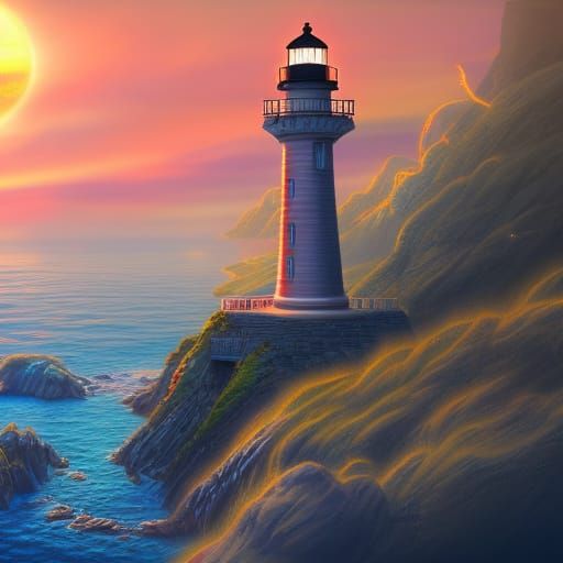 LIghthouse made out of sapphires and sunset in backround 8kf...