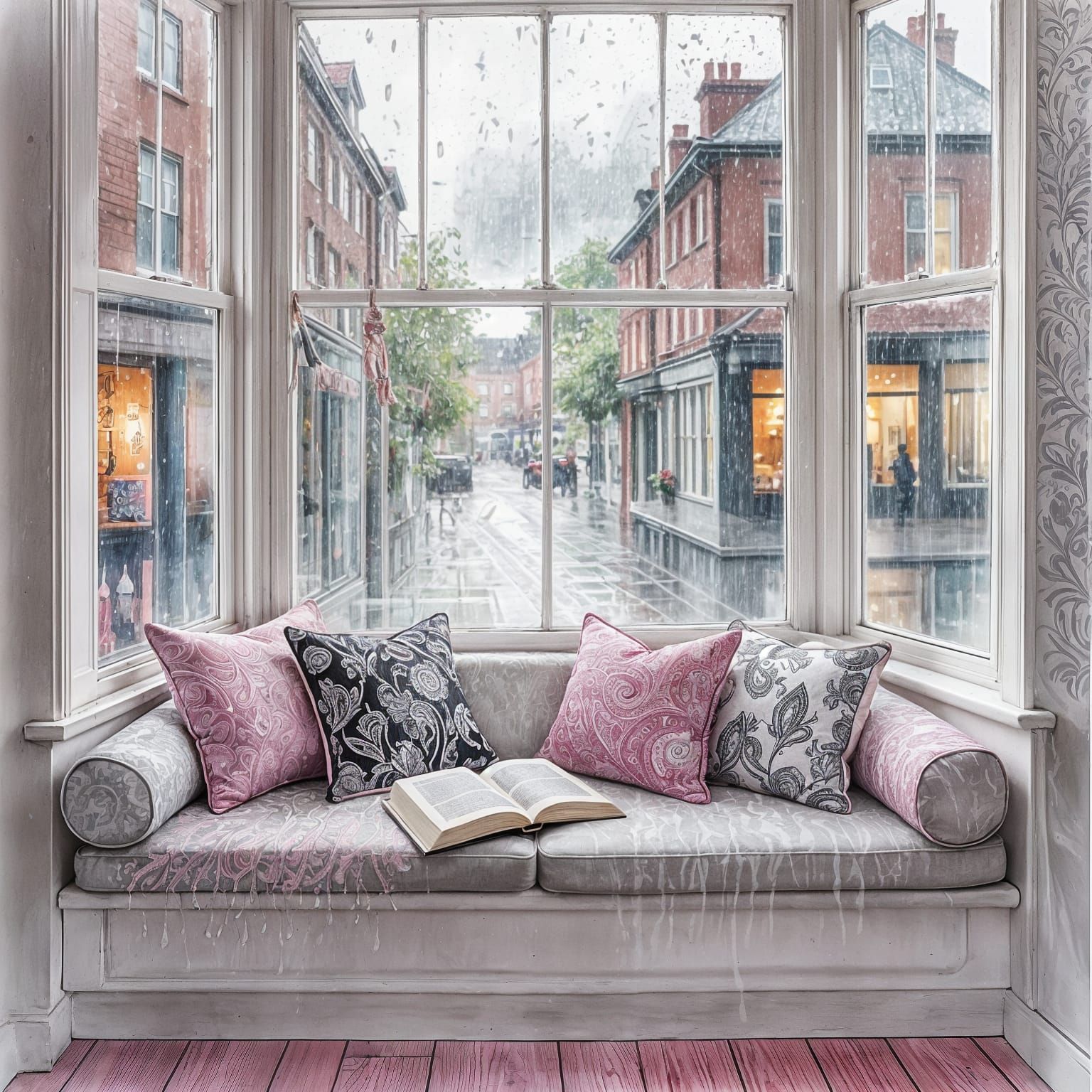 window seat piled with cushions overlooking a rainy street  by @Jen