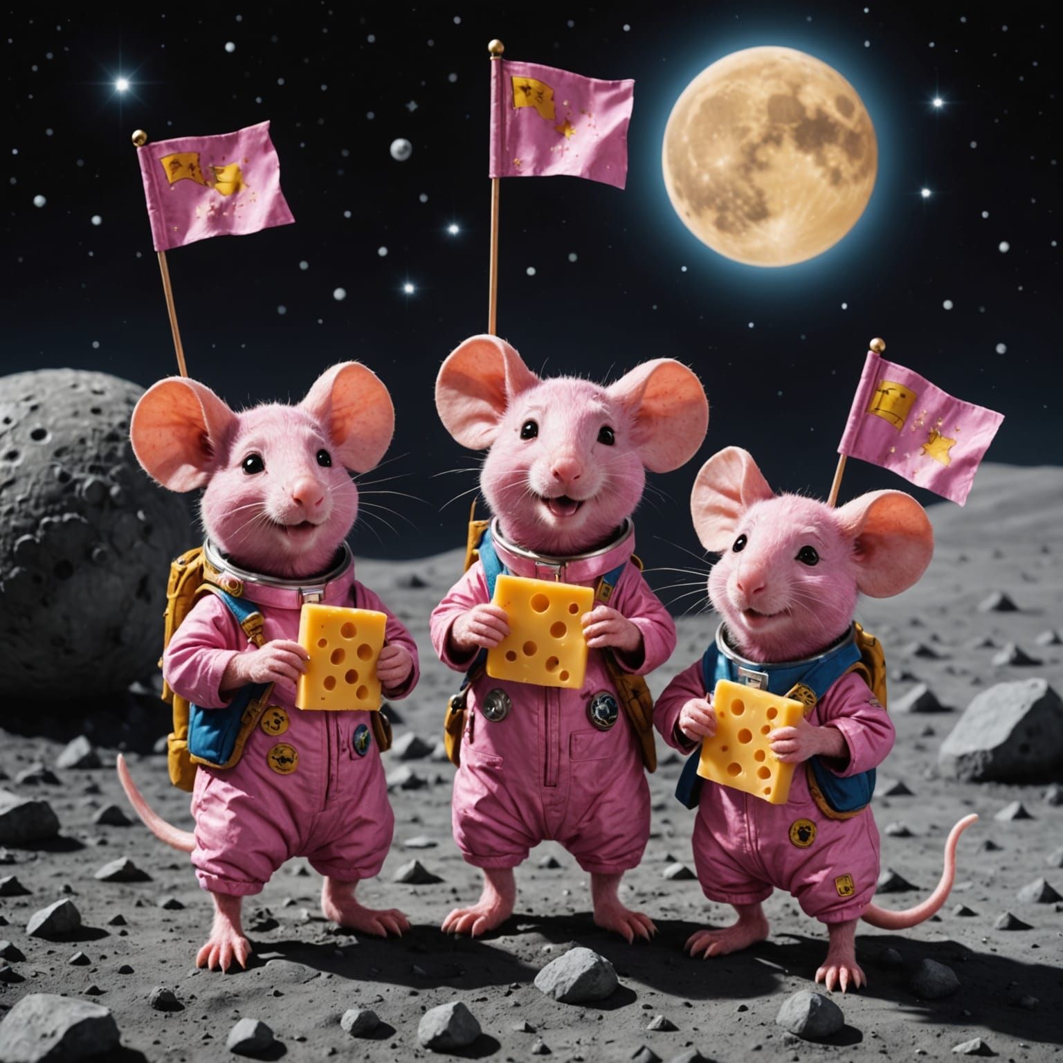 Hyper realistic clanger pink mice on the moon. Holding up flags with cheese symbols. Close up and very detailed. 
