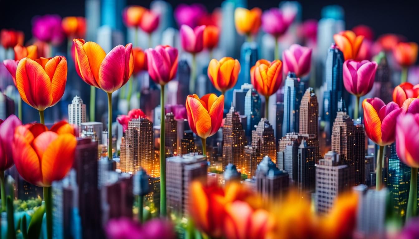 Giant tulips in a mini metropolis