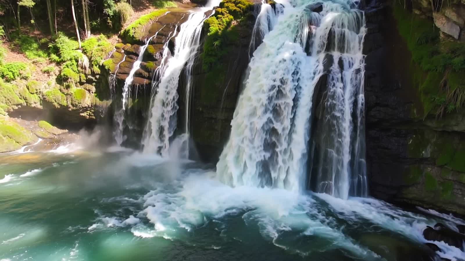 Create a realistic waterfall in a lush green landscape