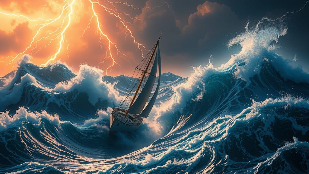 A dramatic scene of a sailboat navigating through high seas during a storm. sci-fi, crepuscule, tornadic, filmic, psychedelic art 