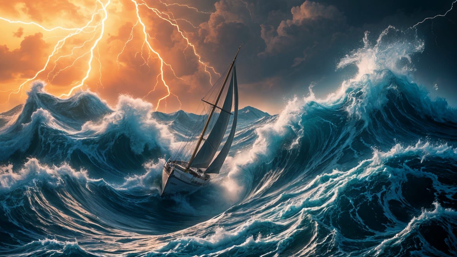 A dramatic scene of a sailboat navigating through high seas during a storm. sci-fi, crepuscule, tornadic, ...  by @Jack-Mike