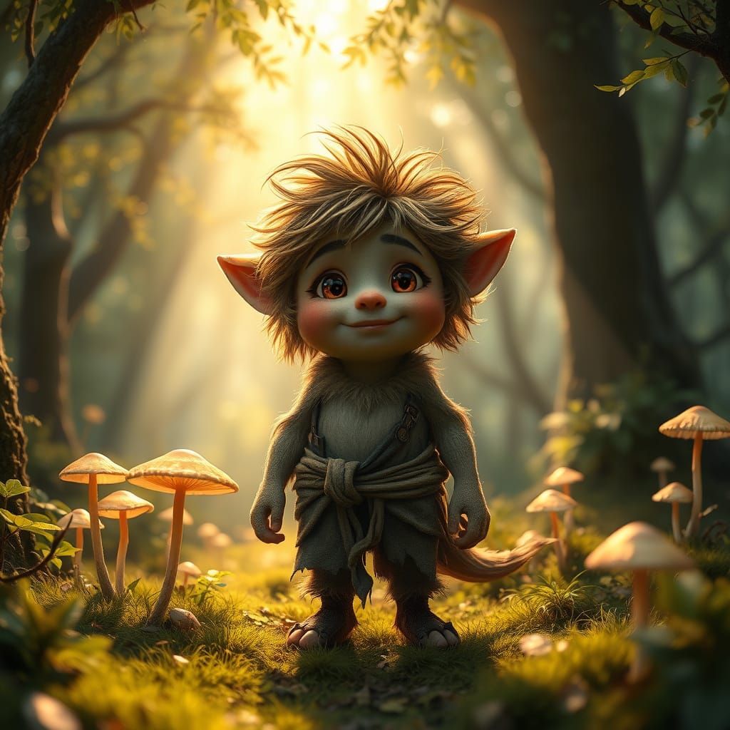 a funny cute little monster, smiling and disheveled, against the backdrop of a mystical clearing illuminated by rays, in a mystical forest, ...