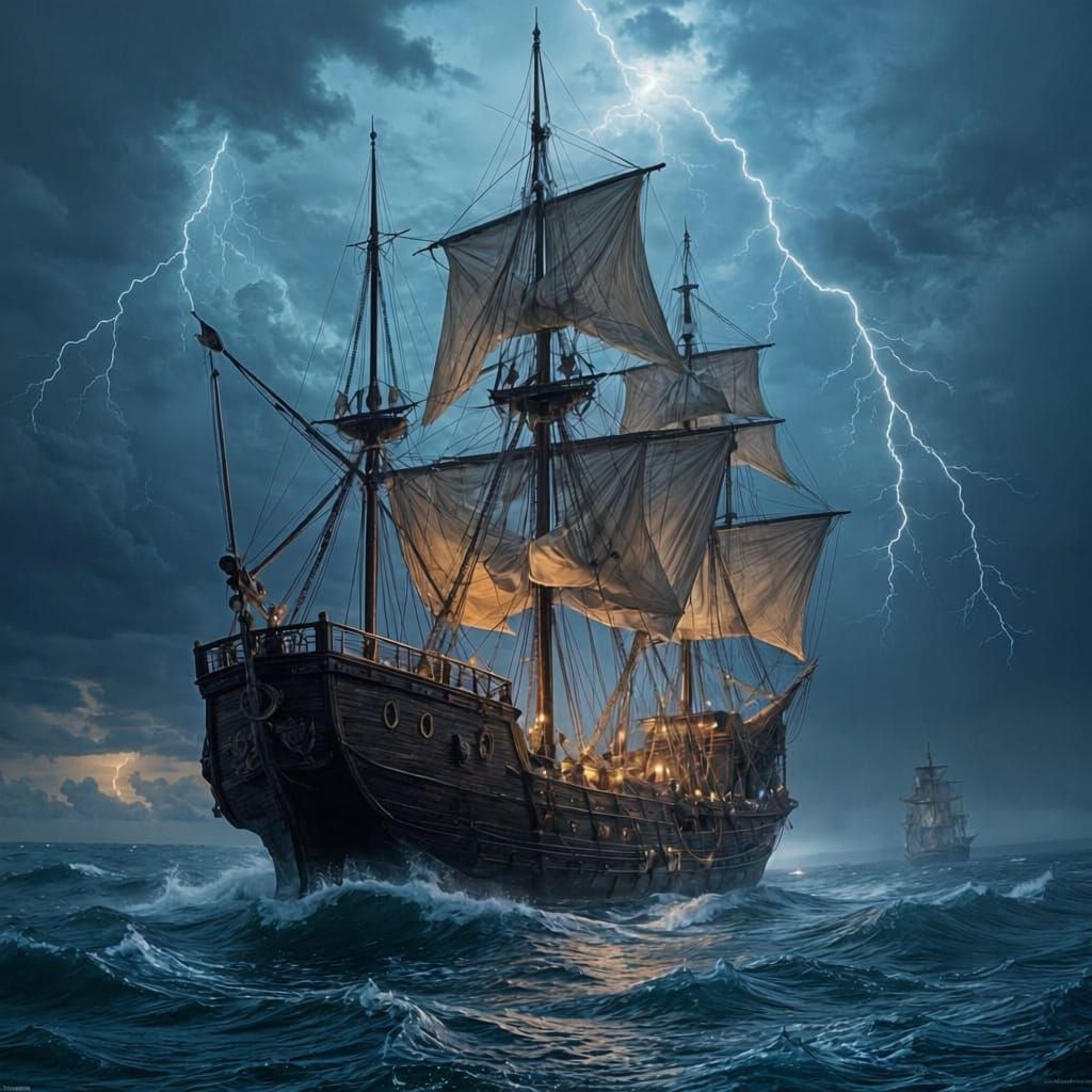 A pirate ship navigating through a dark and stormy night with lightning illuminating the sails