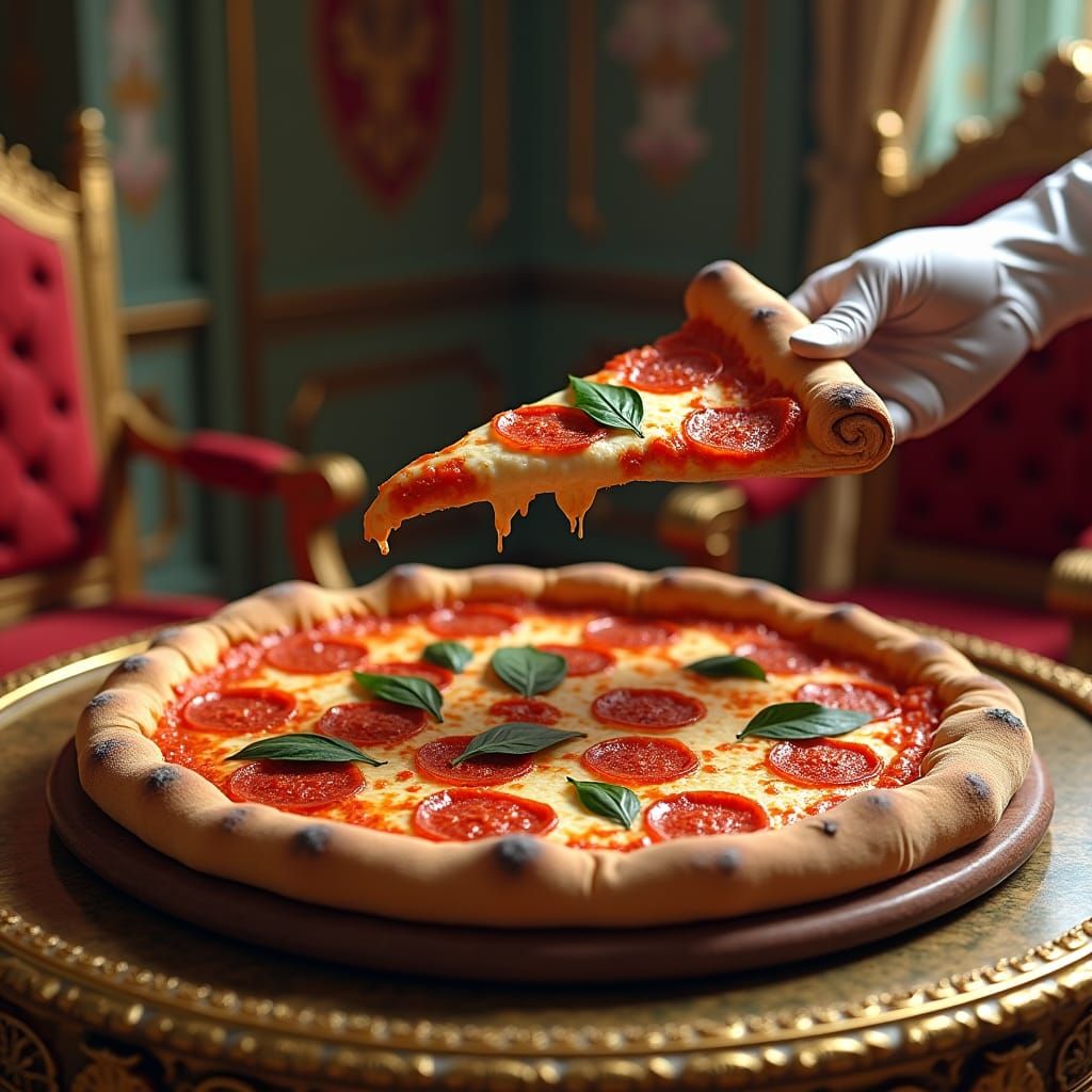 Make a peperoni pizza. Where one slice is lifted by hand, an...