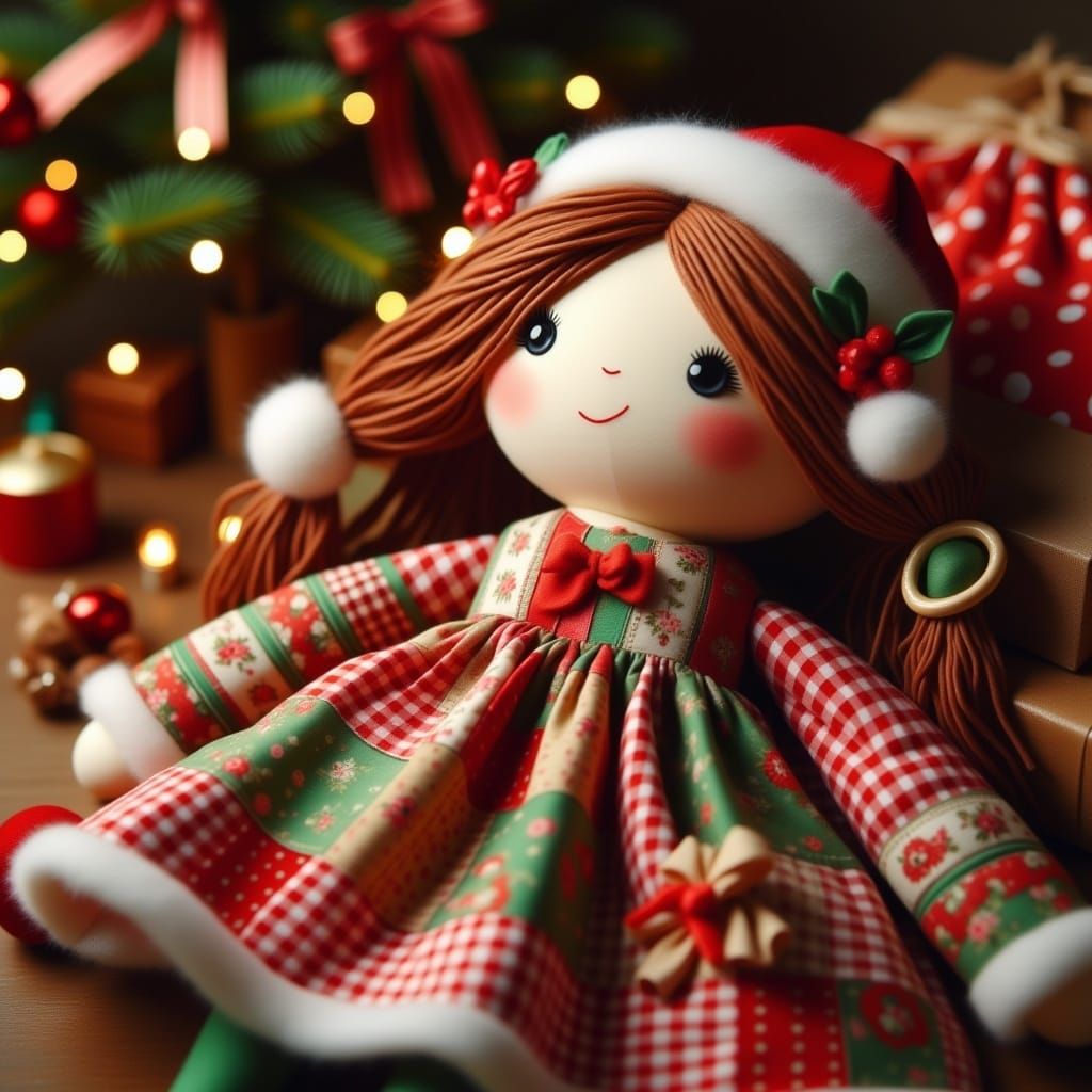 <lora:Ragdoll:1.0>long shot of a holiday themed ragdoll made out of silk and satin, quilt pieces, finely sewn patchwork and luxurious silk t...