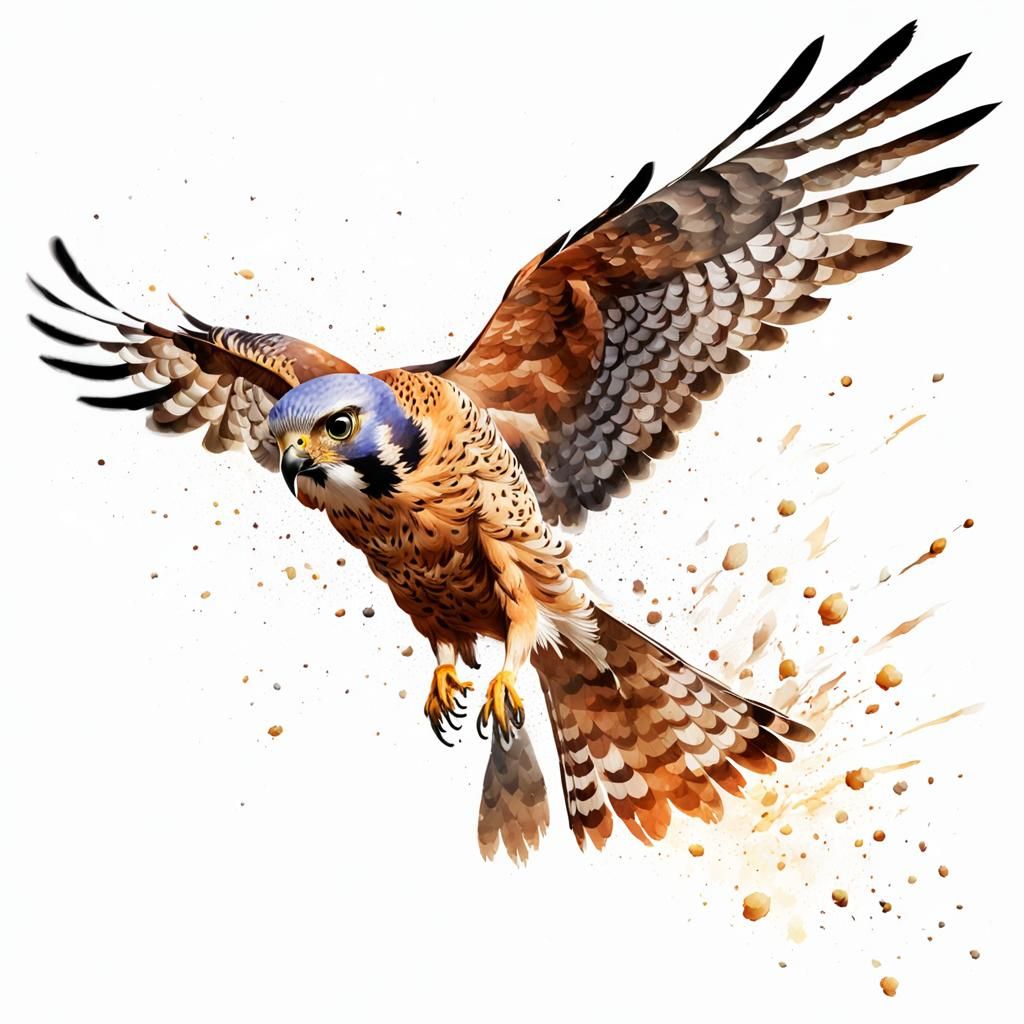 Digital watercolour of a kestrel bird hovering illustration,...