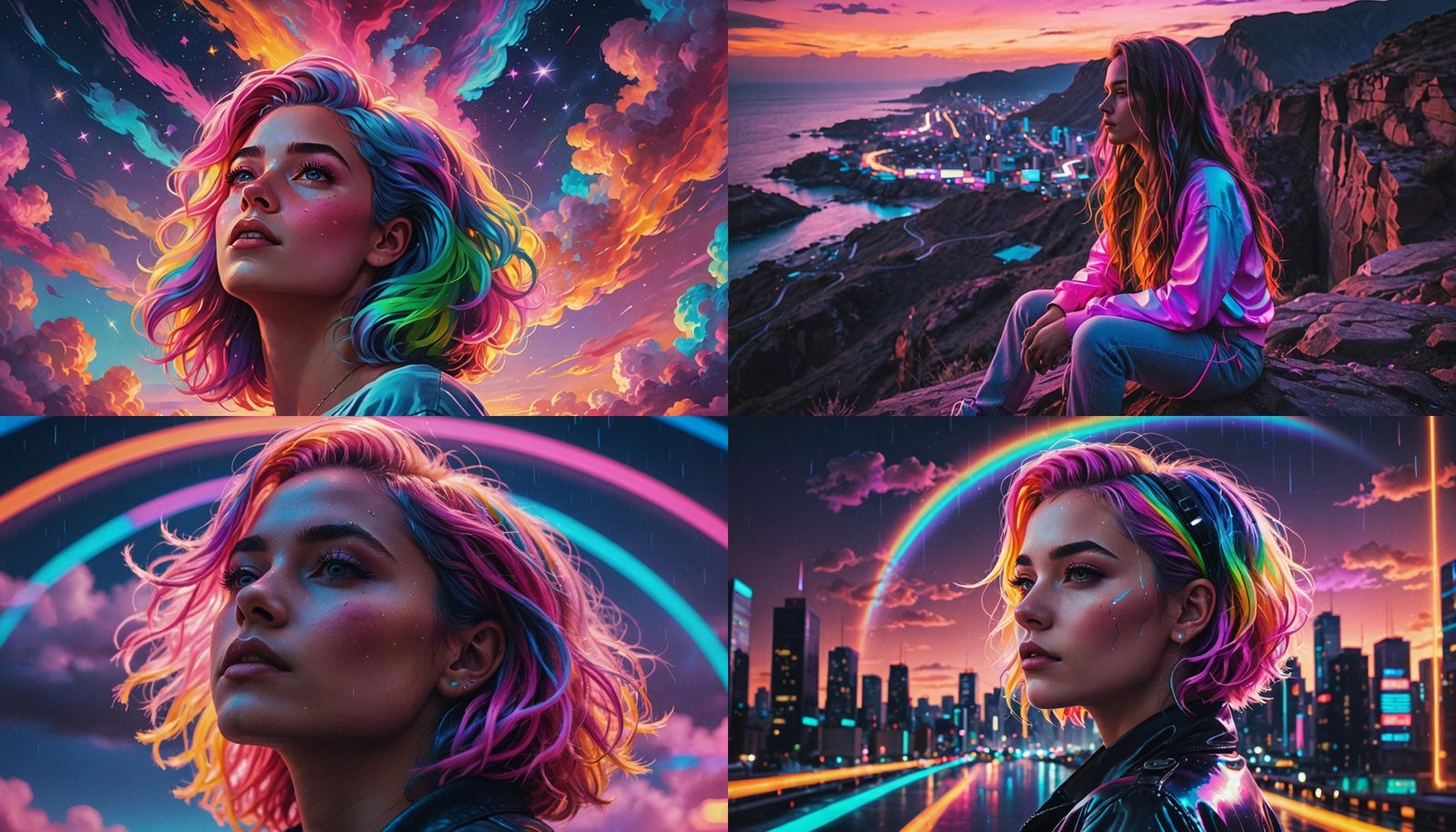 Woman’s hair is a rainbow in the sky
