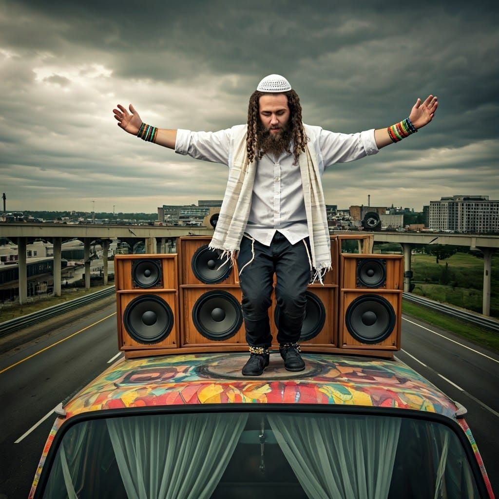 Hasidic Man Dancing on Van Roof, Hyperrealistic