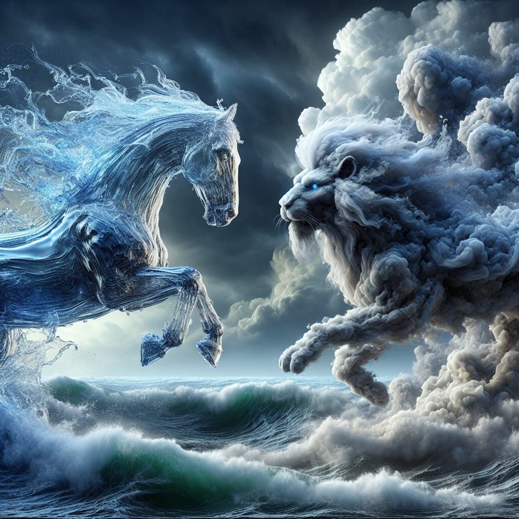 Clash of Stormy Seas: Water-horse vs Cloud-lion