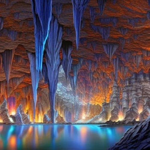 Colorful rainbow owl lighting up A massive cave filled with ...